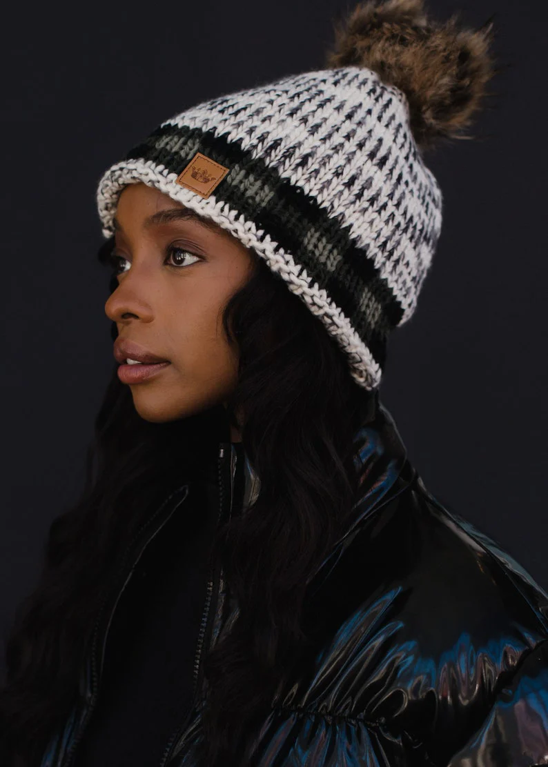 Cozy Fleece Lined Beanie with Faux Fur Pom and Plaid Trim - Image 5