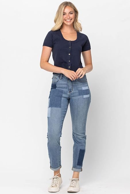 Judy Blue High Waist Awesome Patch Double Cuffed Boyfriend Jeans 88499 - Image 5