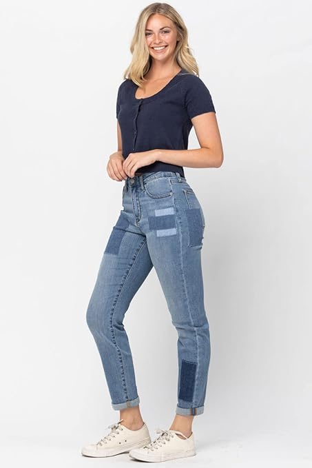 Judy Blue High Waist Awesome Patch Double Cuffed Boyfriend Jeans 88499 - Image 6