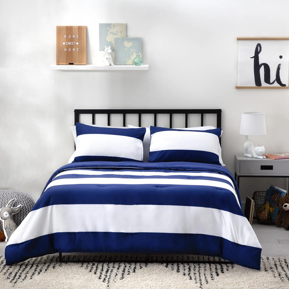 Linenspa All-Season Reversible Down Alternative Full/Double Comforter Set – Blue Rugby Stripes - Image 3